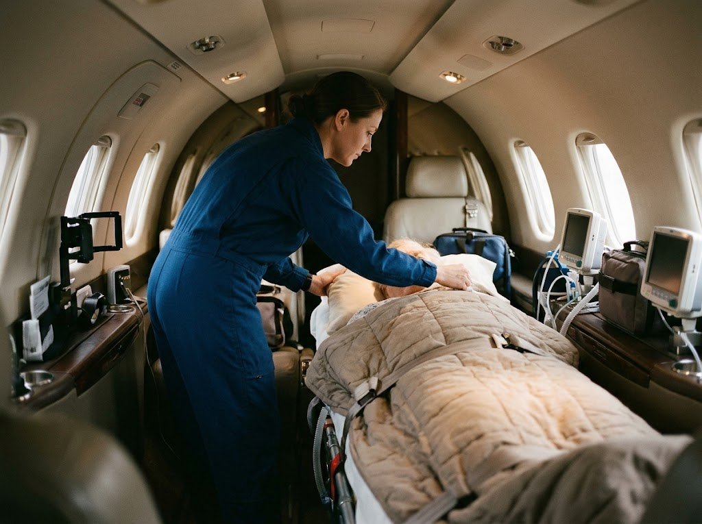 flight nurse caring for an older adult patient on an air ambulance stretcher