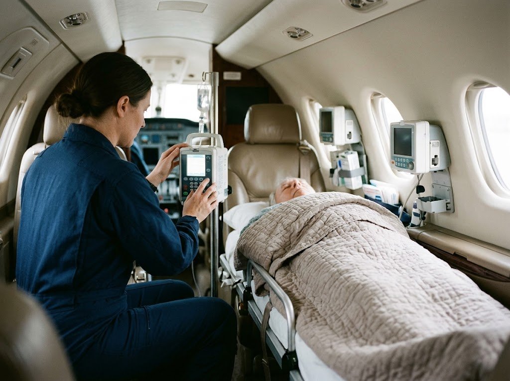 flight nurse monitoring a cancer patient on board an air ambulance
