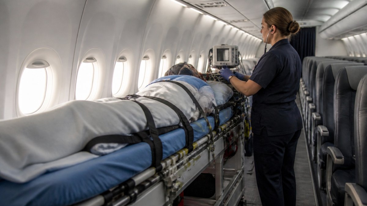 Flight nurse in uniform checking a vital signs monitor beside a patient lying on a stretcher inside a commercial aircraft cabin with a row of seats removed, soft cabin lighting