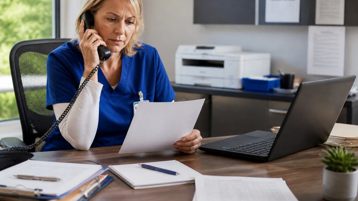 A hospital case manager sitting at a clinical office desk reviewing transport paperwork and speaking on the phone, notepad and laptop open with coordination details, soft daylight from a window