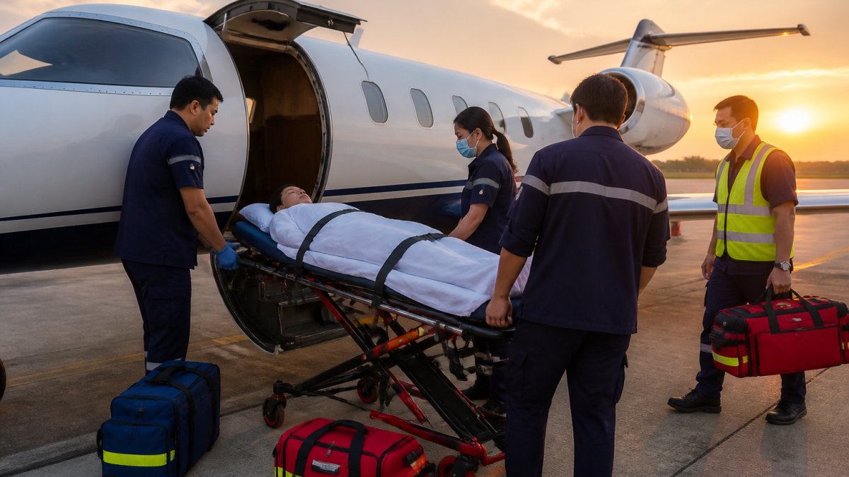 A medical flight crew in navy uniforms loading a patient on a stretcher into a small air ambulance jet on an Asian airport tarmac at dawn, with ground crew and medical bags visible