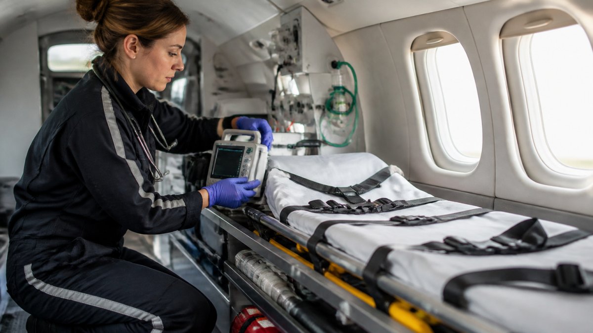 Flight nurse checking medical equipment on an air ambulance during medical repatriation