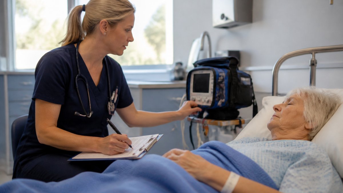 Professional flight nurse in medical scrubs conducting patient assessment, reviewing vital signs on portable monitor and medical charts in clinical setting with natural light