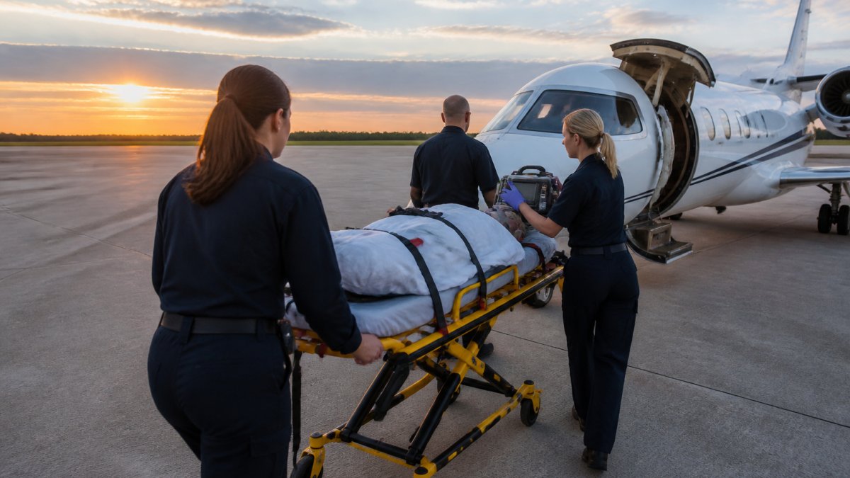 A medical flight crew in navy uniforms walking a patient on a stretcher toward a fixed-wing air ambulance on an airport tarmac at dawn, with a flight nurse checking a monitor
